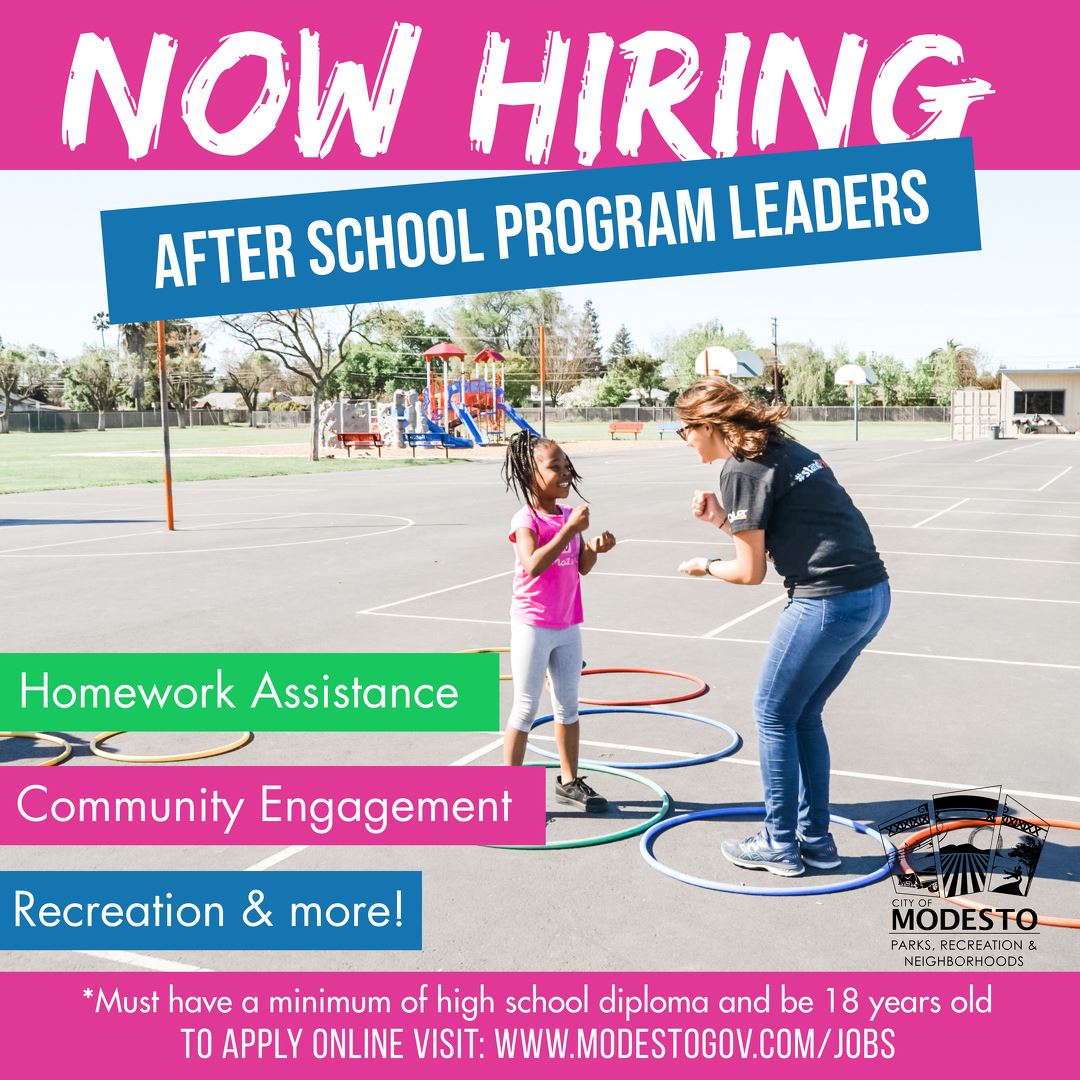 Now Hiring After-School Program Leader flier.  Applicants must be at least 18 years old. Apply onlin