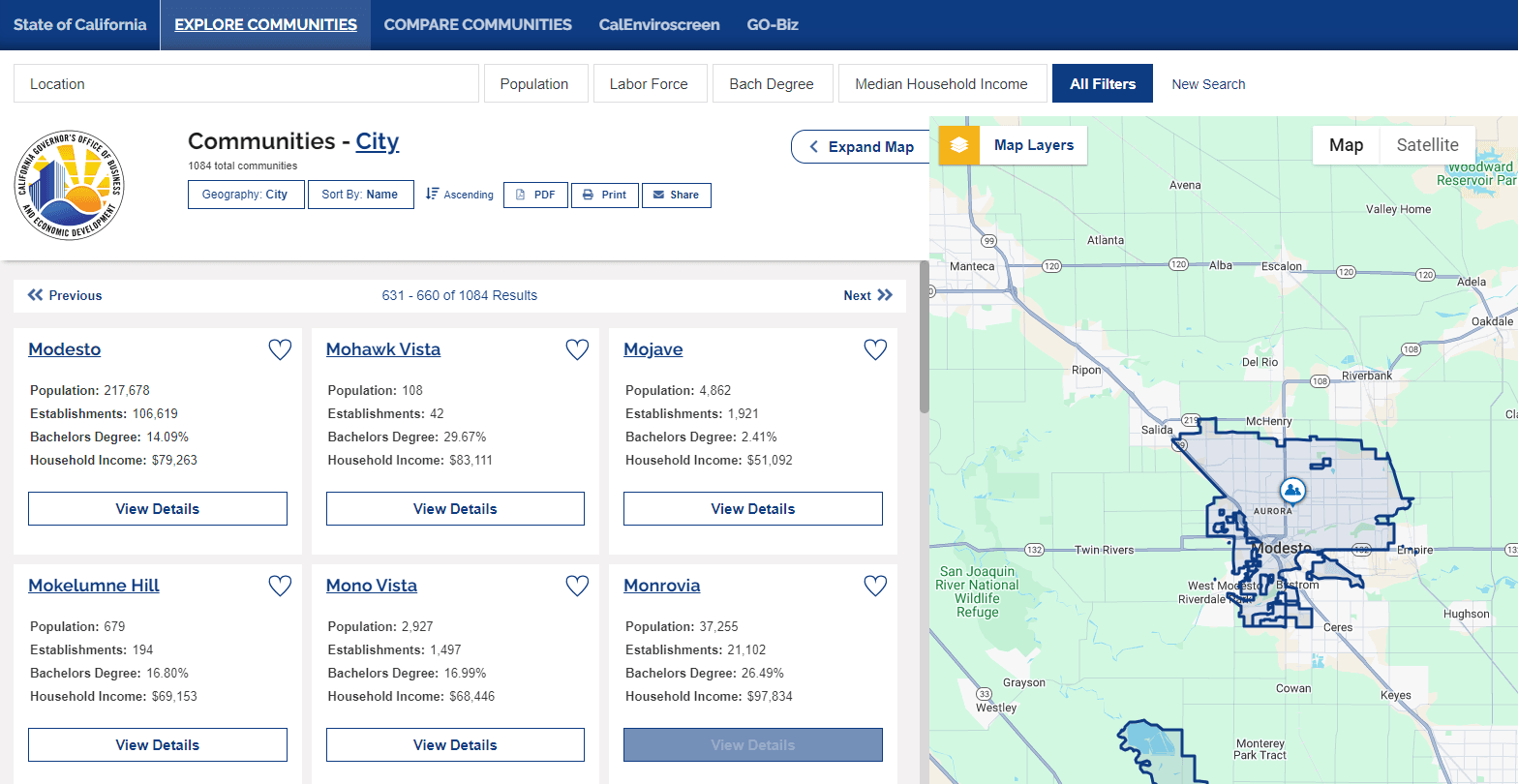 CA-zoomprospector demographic information tool for California communities