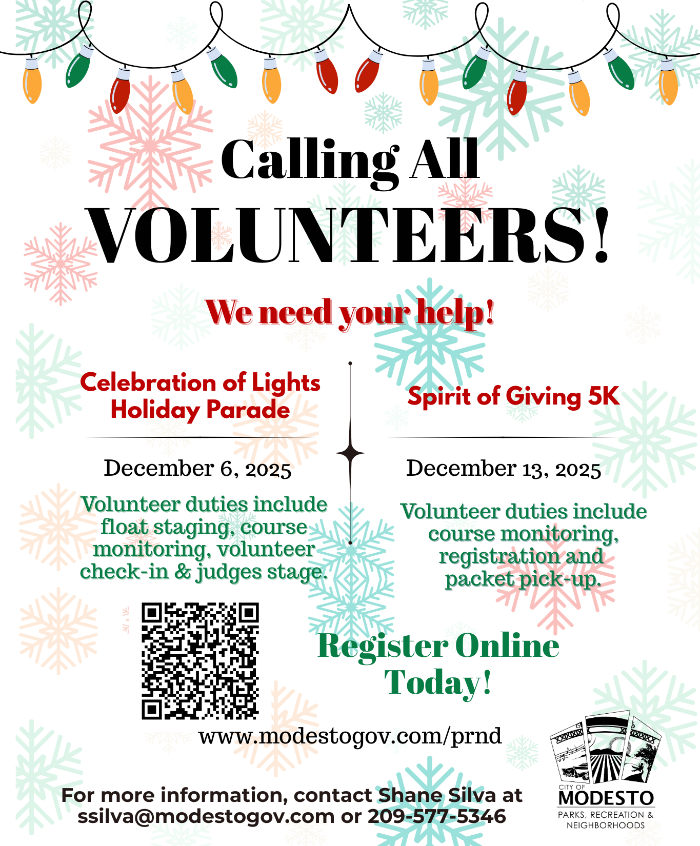 Holiday Volunteers Needed Flier- call 209-577-5344