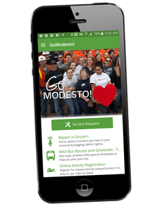Image of cell phone displaying GoModesto! app